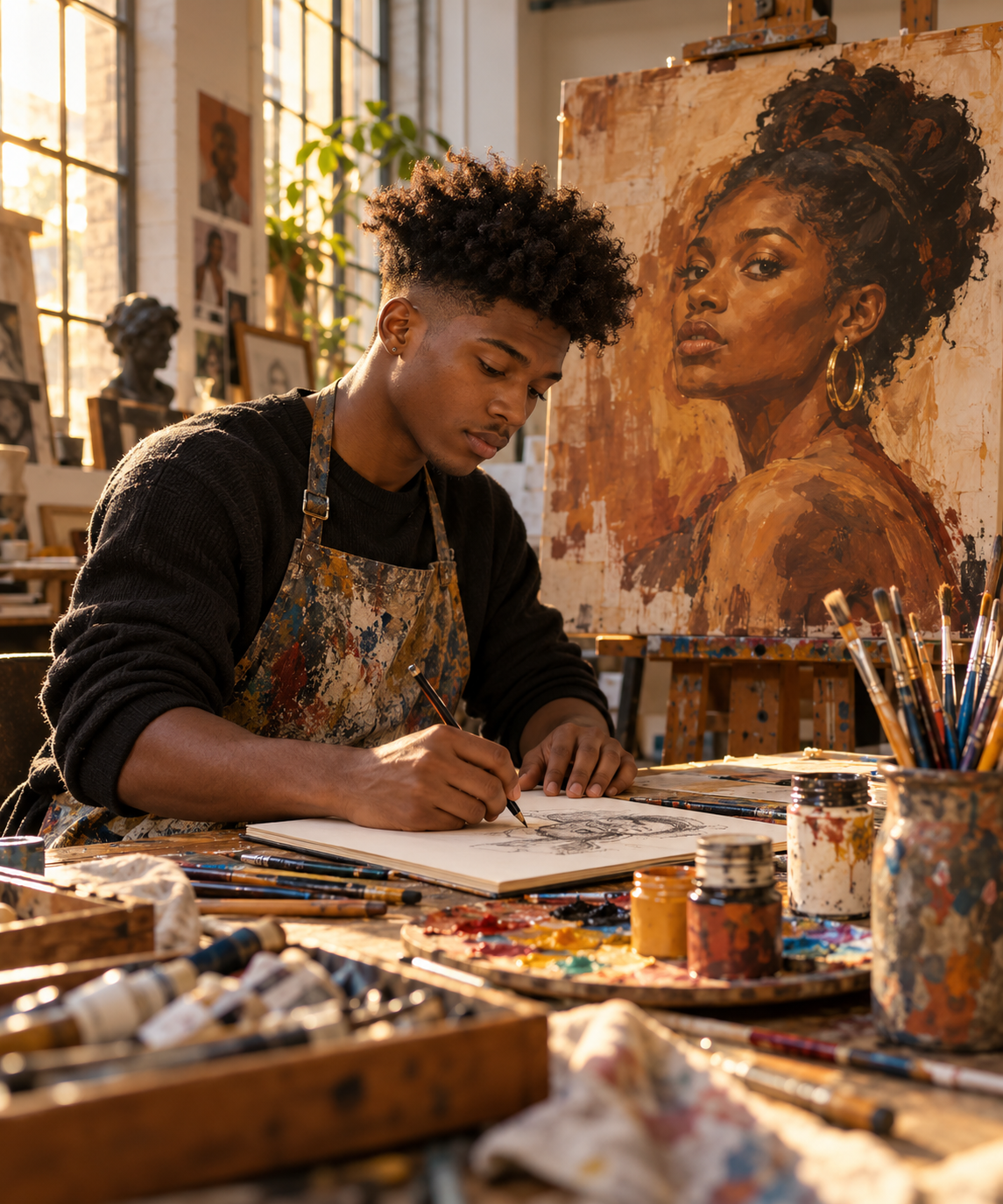 A young Black artist sketching in a sunlit studio beside his portrait painting