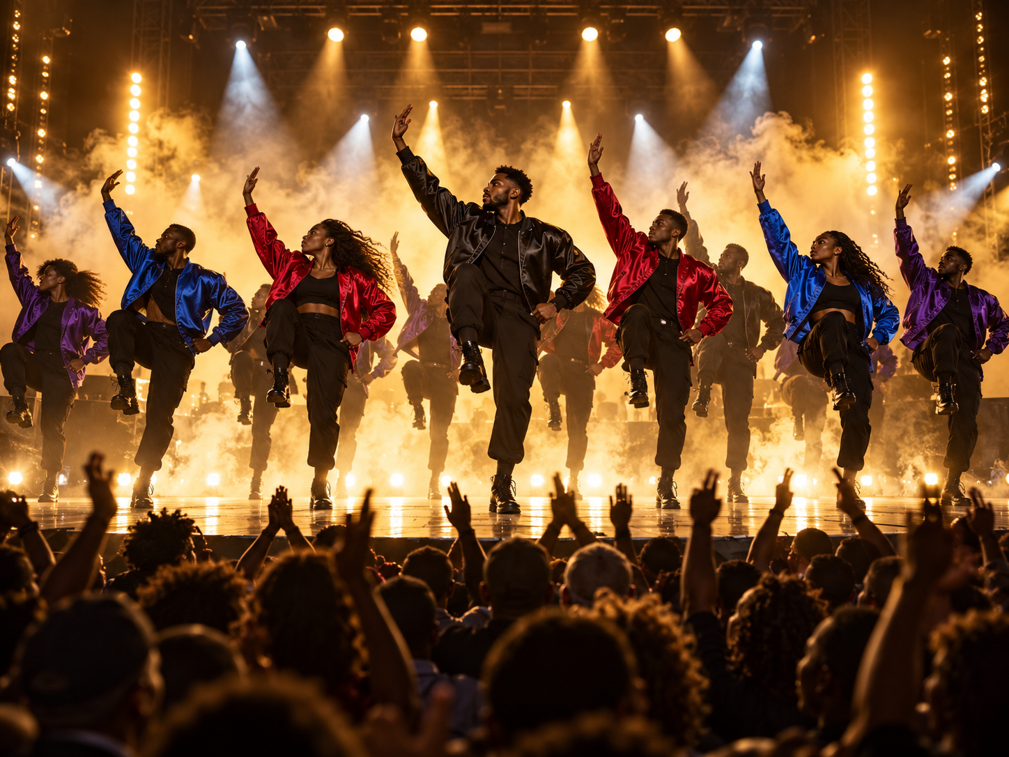 A step team performing on a smoky stage before a cheering crowd