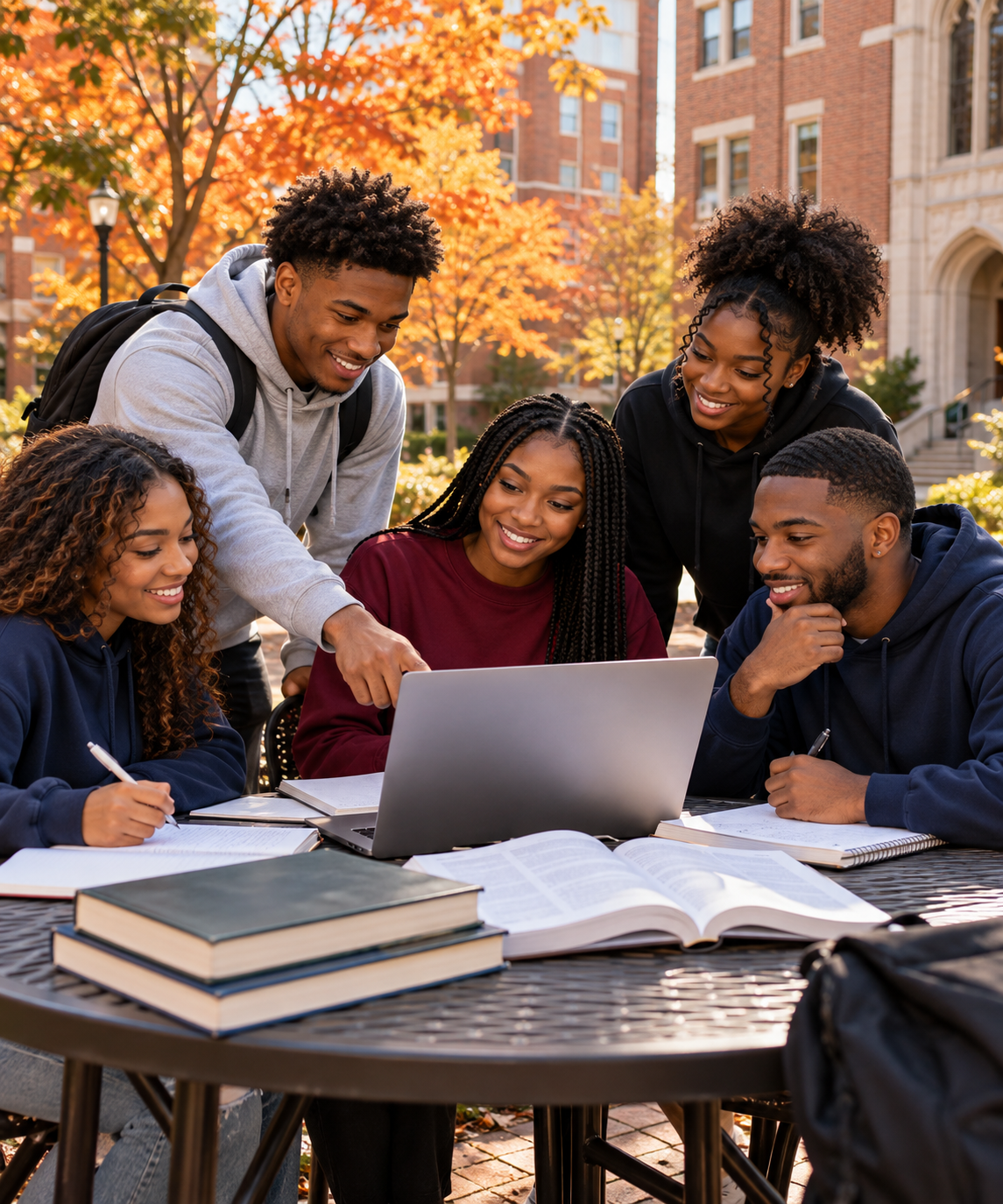 HBCU students collaborating around a laptop on campus