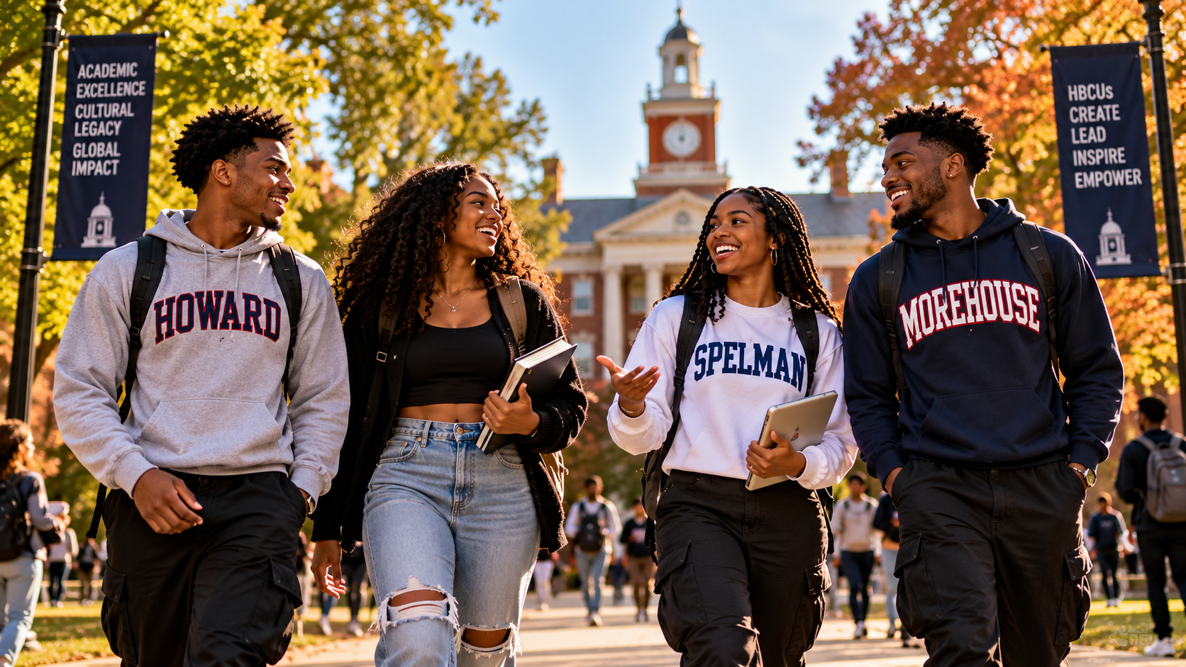 HBCU students walking across a college campus in autumn