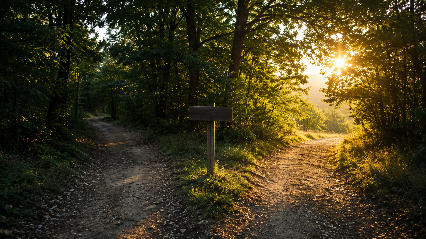 A quiet path branching at a crossroads under soft afternoon light