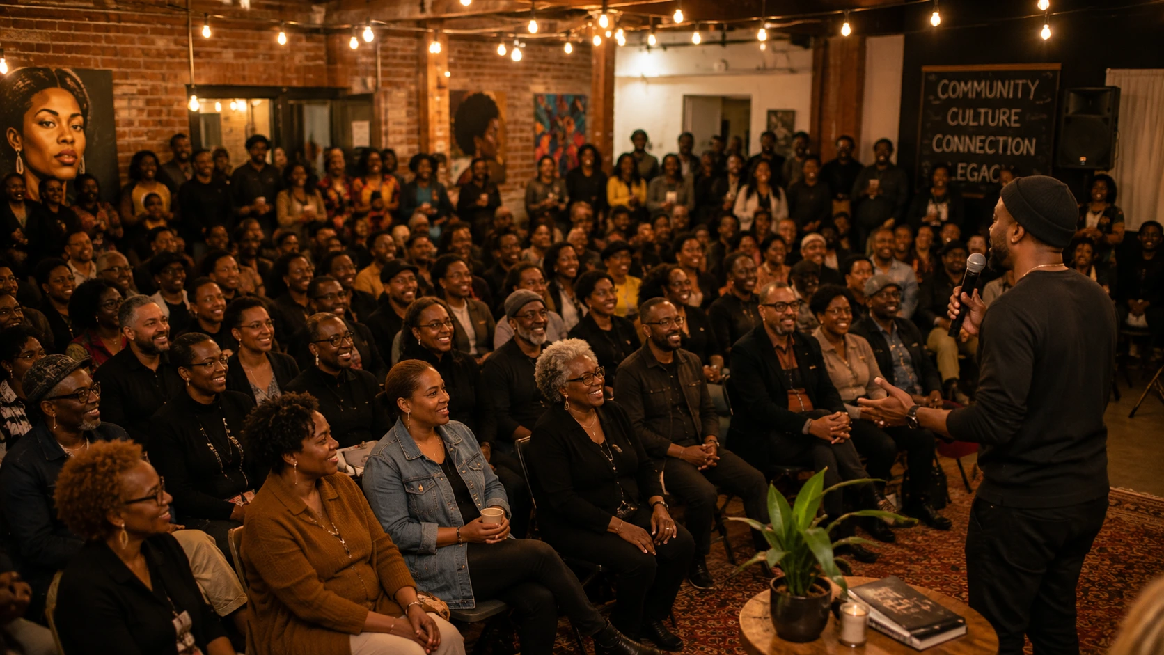 A warm, full community room at an event, people gathered because of one person's good name