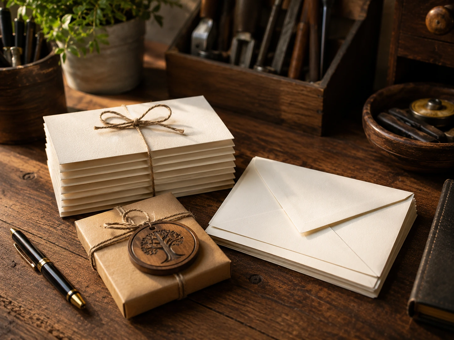 A small stack of handwritten thank-you notes and referral cards resting on a work desk