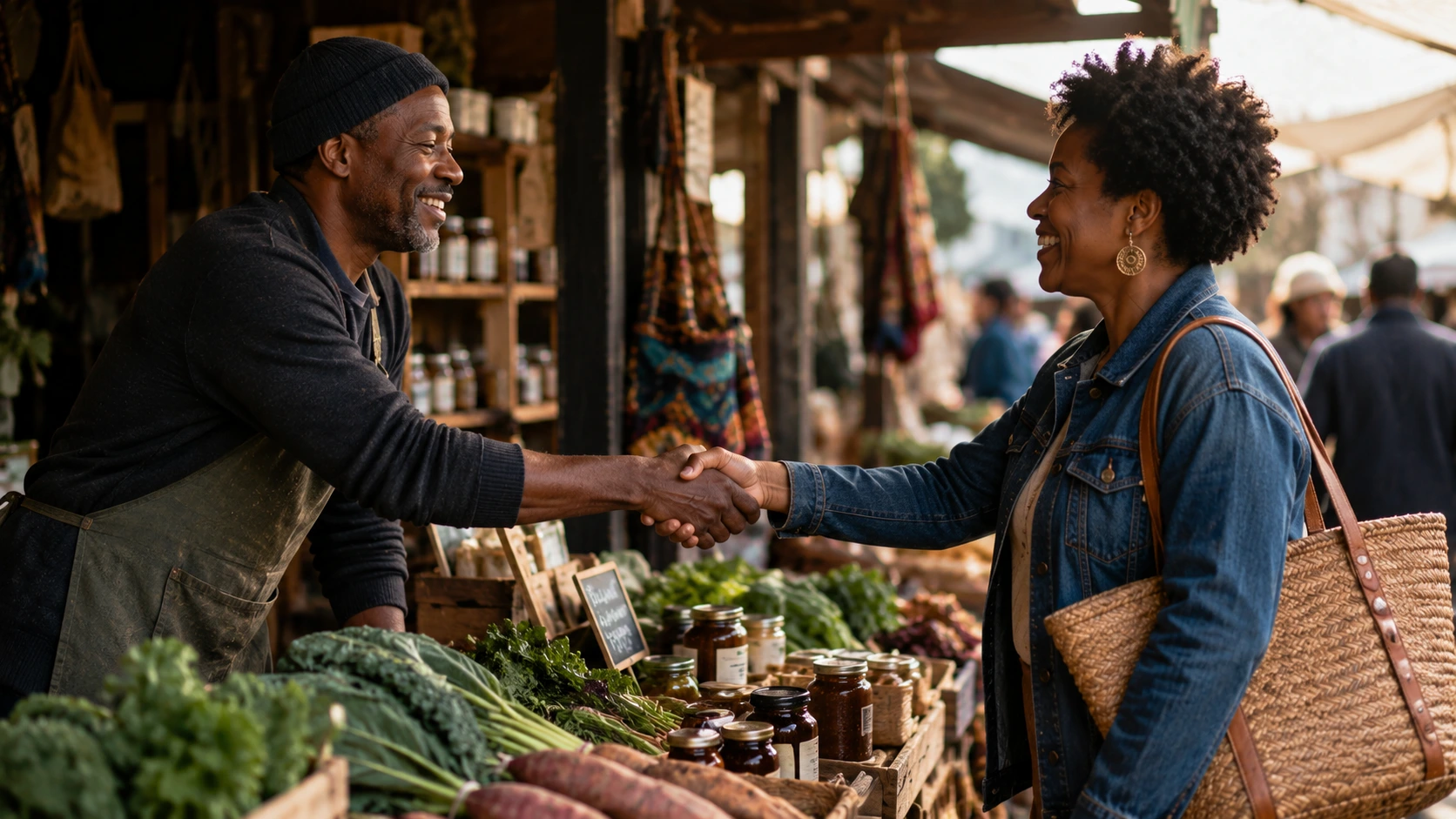Two people shaking hands warmly across a market stall, a genuine exchange of trust