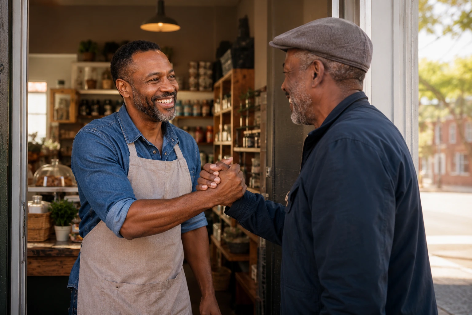 A shopkeeper greeting a familiar returning customer by name at the counter
