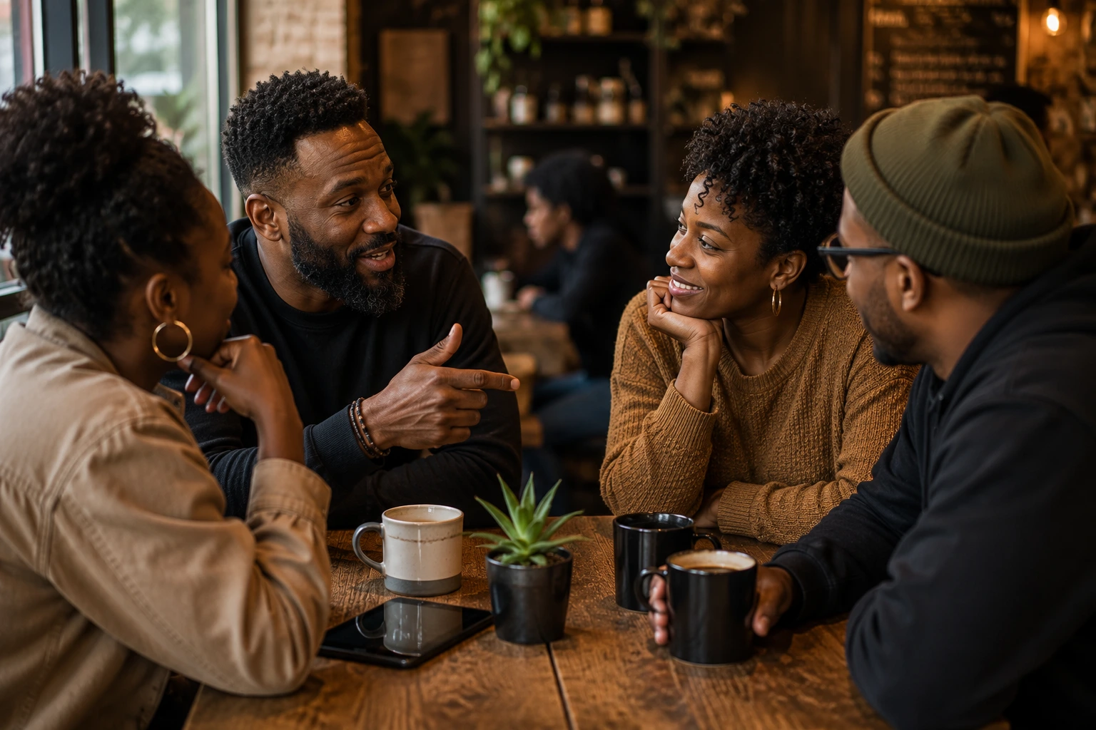 A small group leaning in over coffee as one person recommends someone with an approving nod