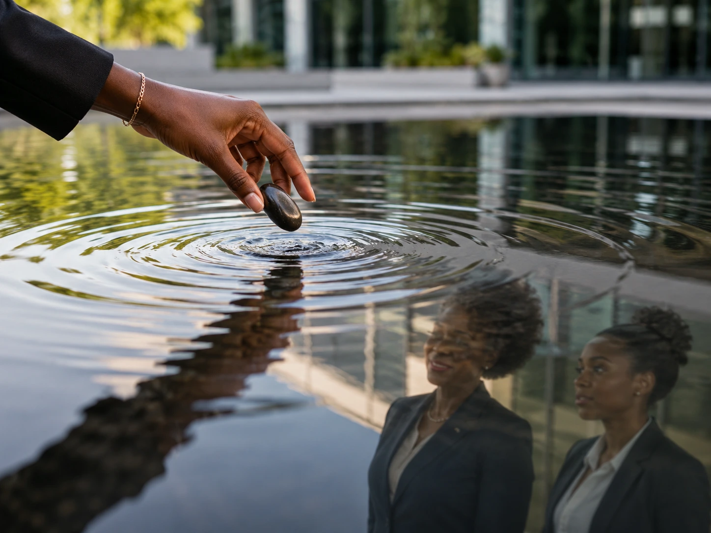 A single stone's rings spreading across still water, a quiet metaphor for influence