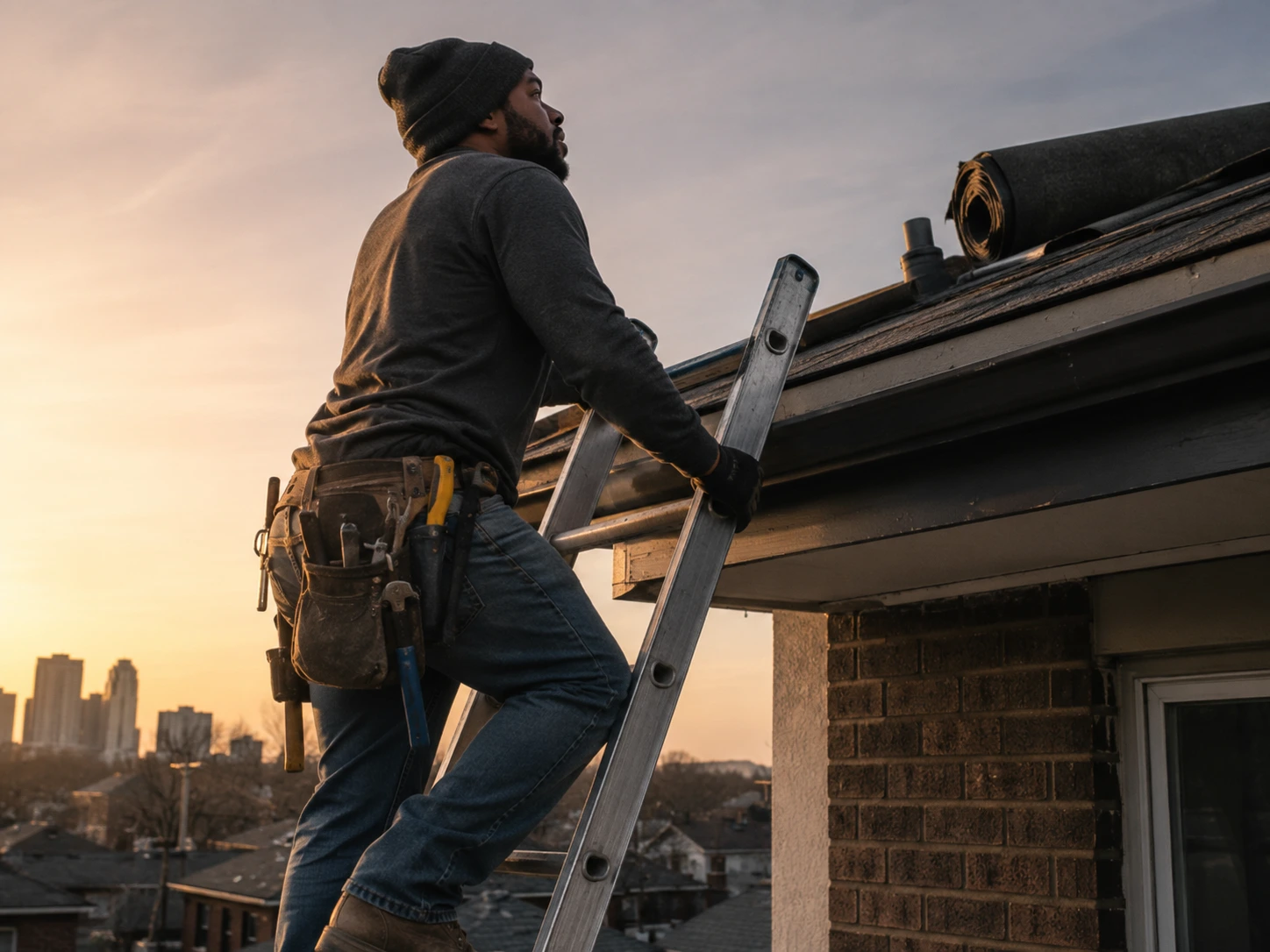 A worker climbing a ladder back up to a rooftop job at first light, tools on their belt