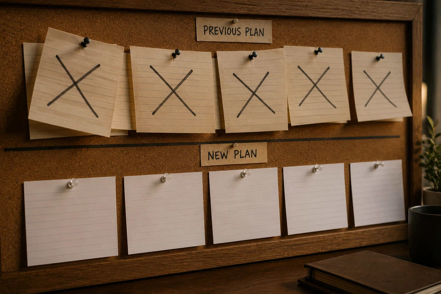A whiteboard showing a crossed-out plan with a fresh new list just beginning beneath it