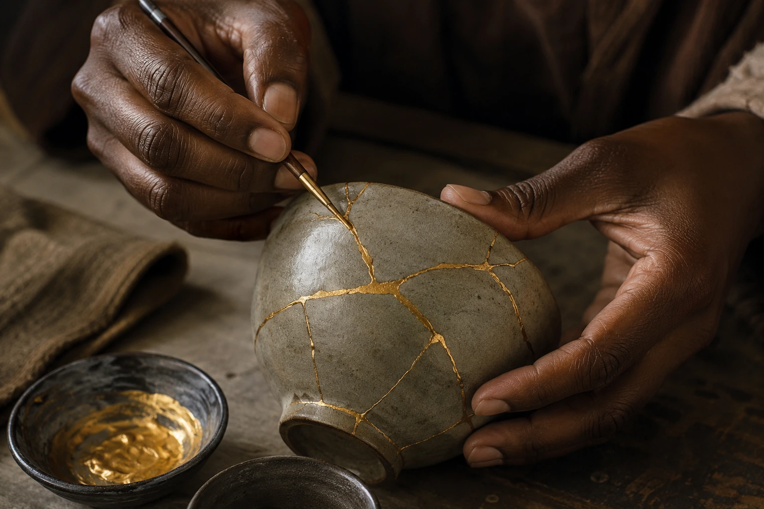 Hands carefully mending a cracked ceramic bowl with gold kintsugi-style seams