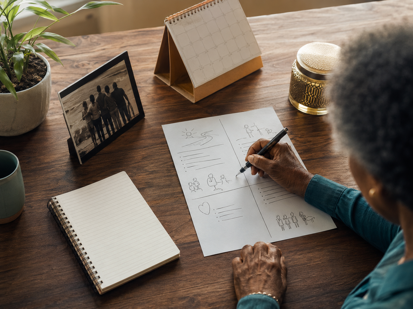 A person scoring a simple seven-part personal audit at a wooden table