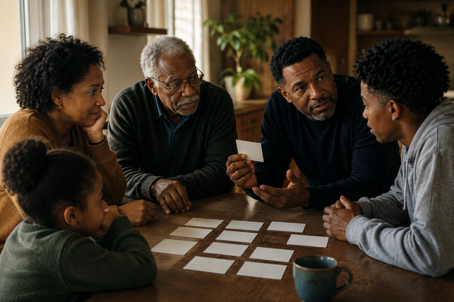 A family across three generations discussing the principles that matter most to them