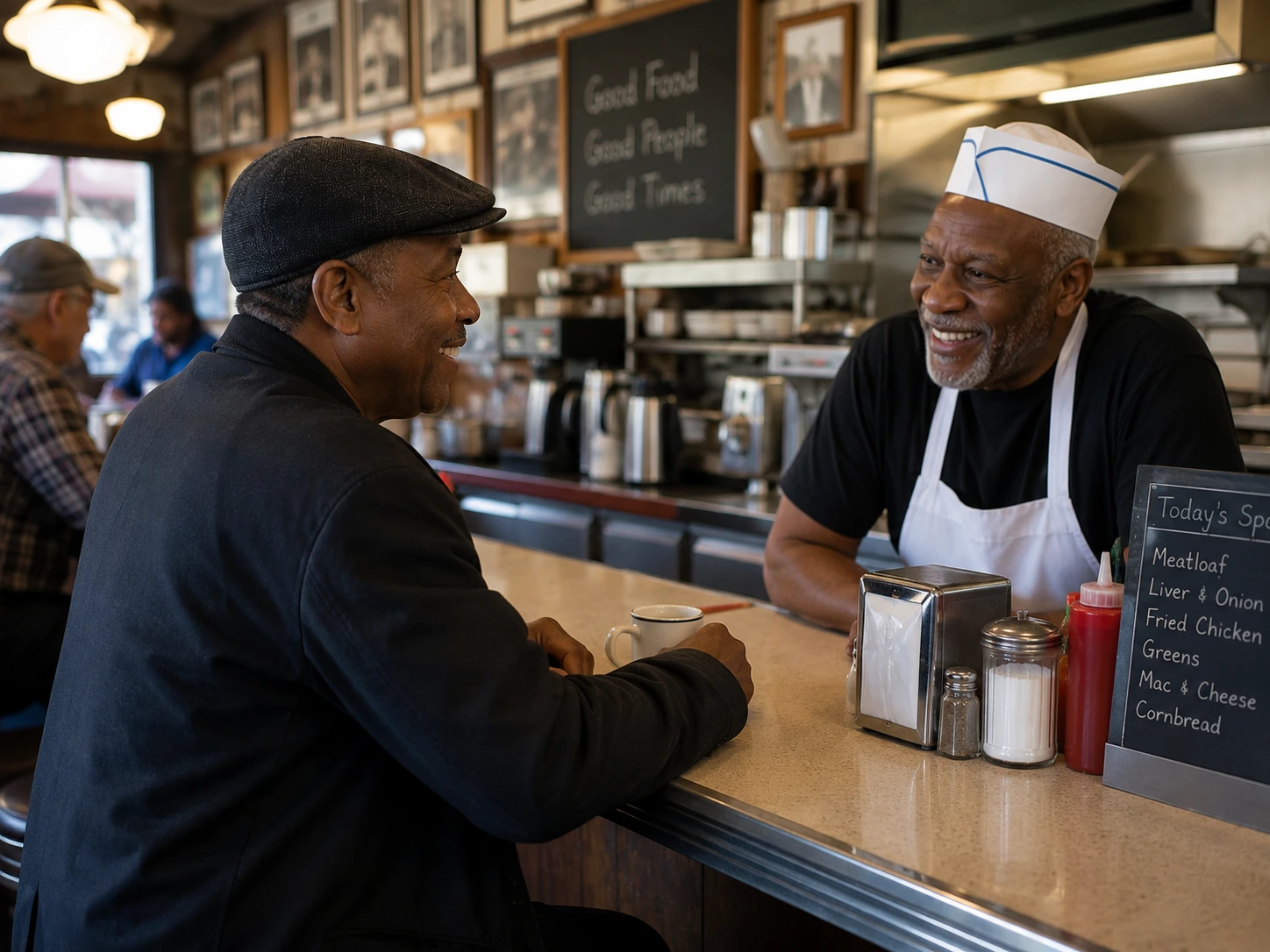 A regular greeted warmly by name at a diner counter, the quiet reward of consistency
