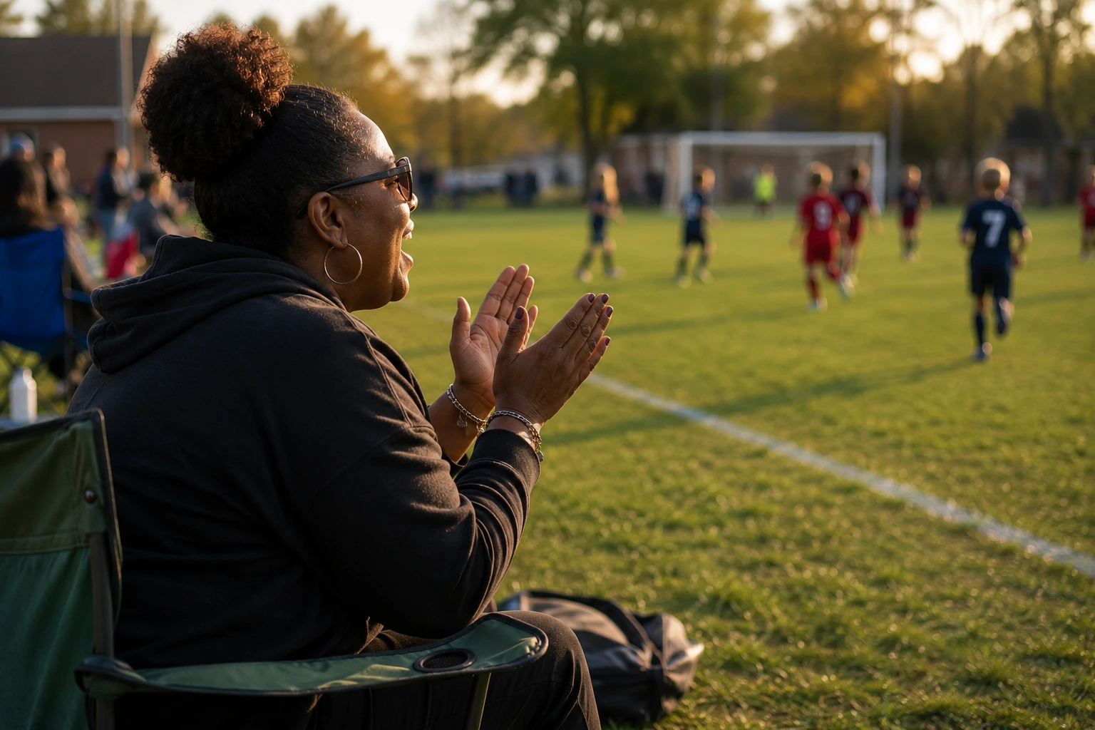 A parent cheering alone but wholehearted from the sideline of a youth game