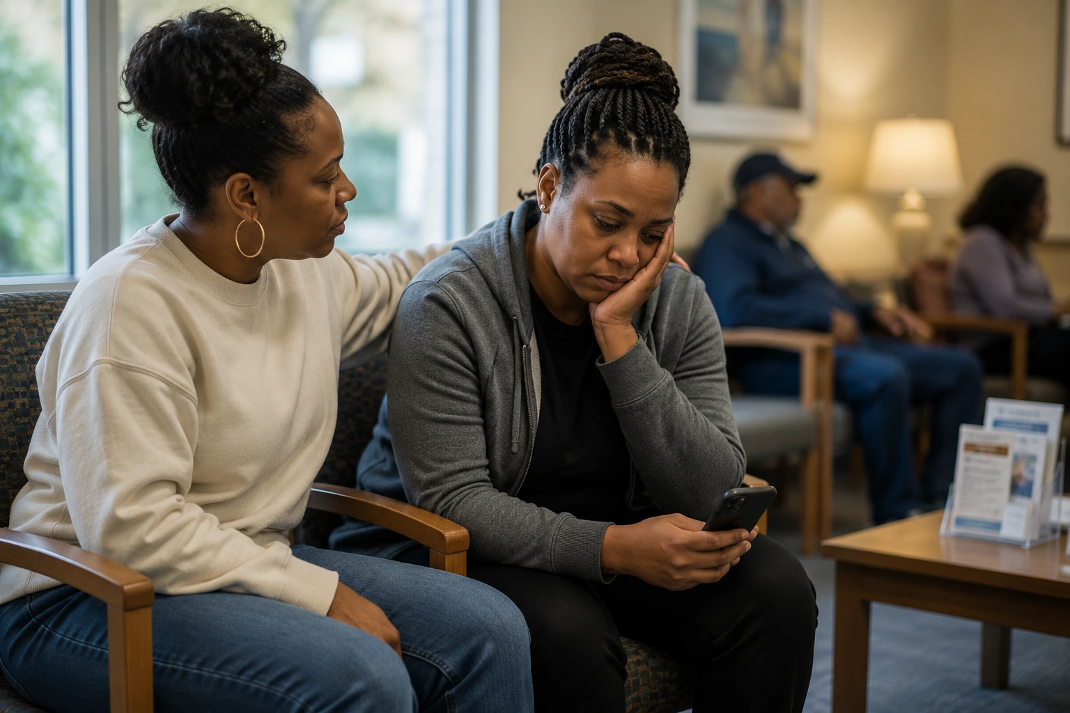 Someone quietly sitting beside a friend in a waiting room, simply present and steady