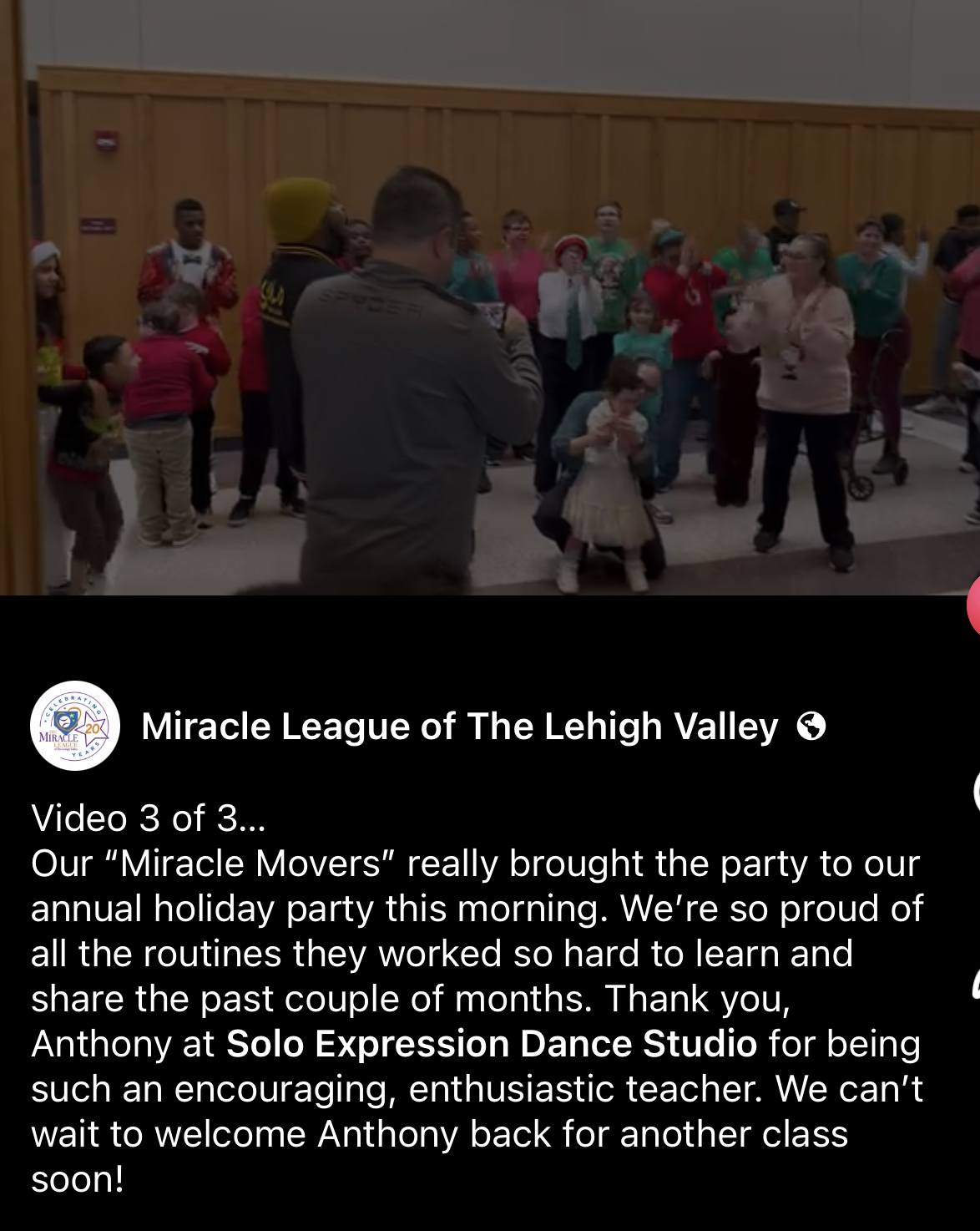 Anthony "Solo" Harris teaching the Miracle Movers a dance routine at the Miracle League of the Lehigh Valley holiday party