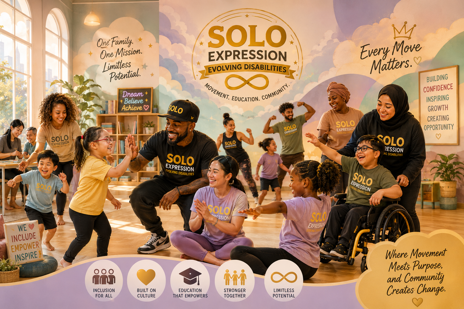 Solo Expression community partners and students in an inclusive dance session