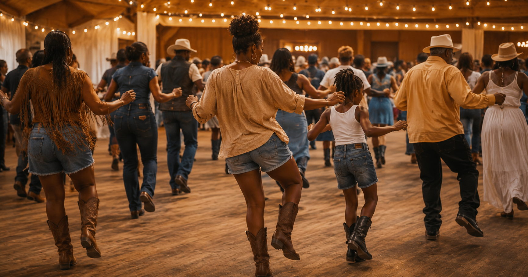 Dancers of different ages moving together in rows during a community soul line dance