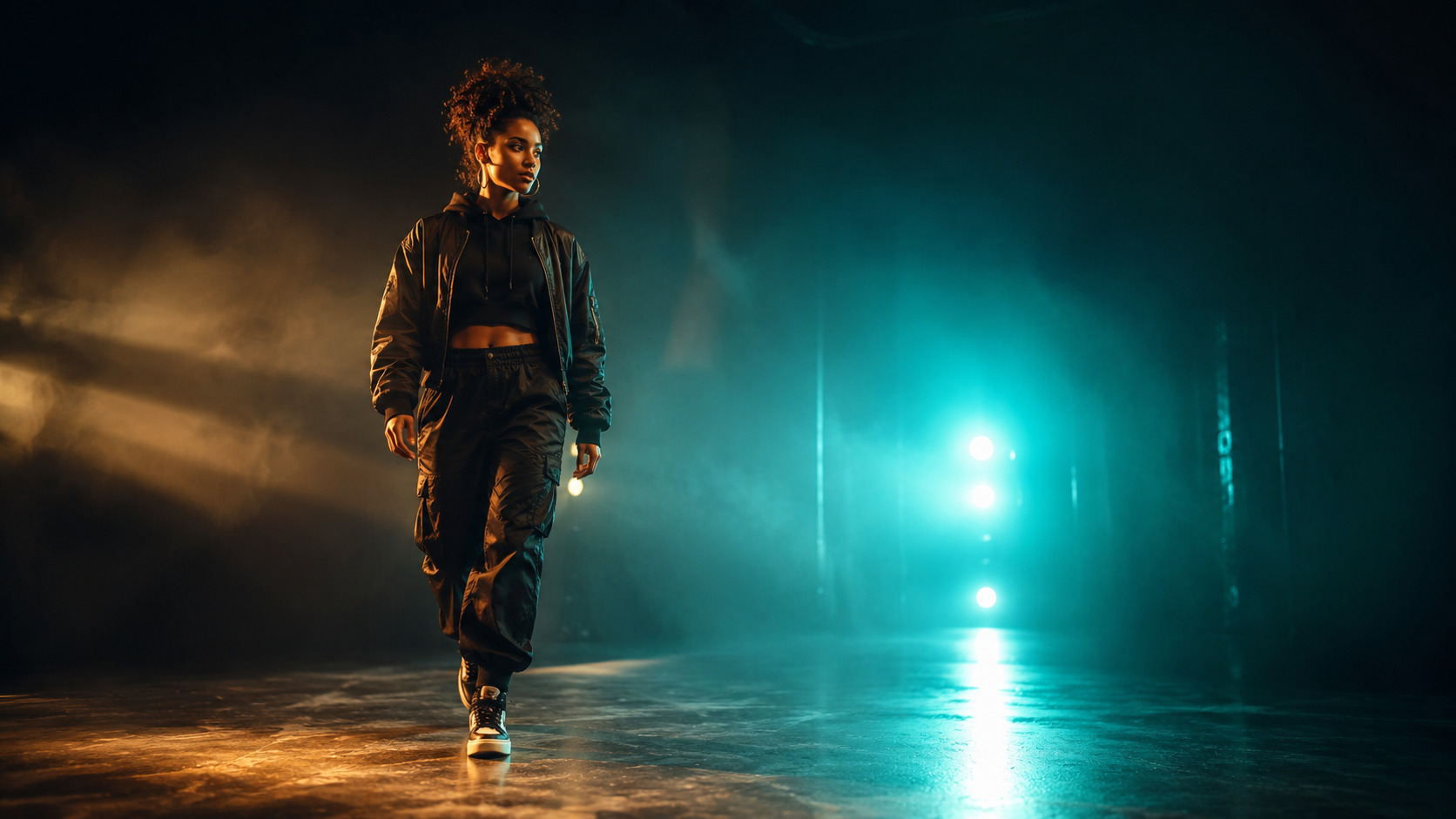 Dancer walking forward through a corridor of light symbolizing the Mogul Spotlight journey