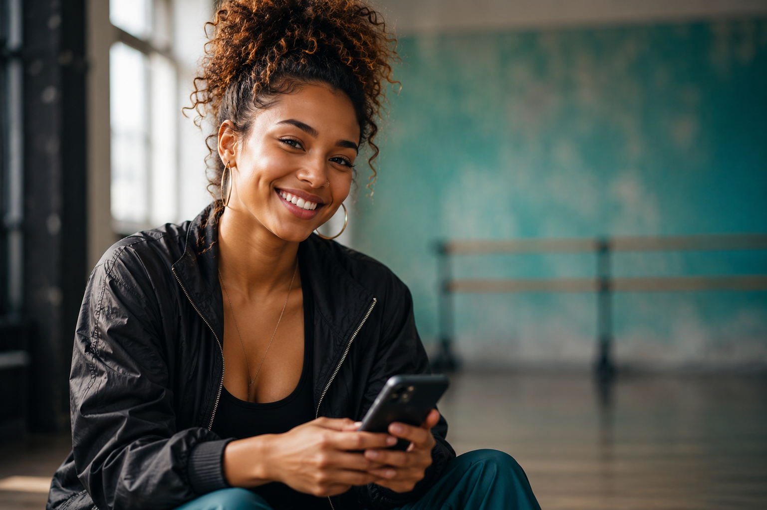 Smiling dancer holding a phone after booking a Mogul Spotlight feature