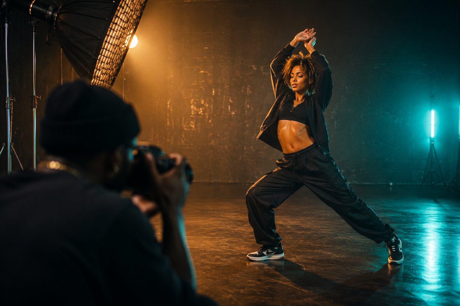 Behind-the-scenes editorial photo shoot of a dancer under studio lighting