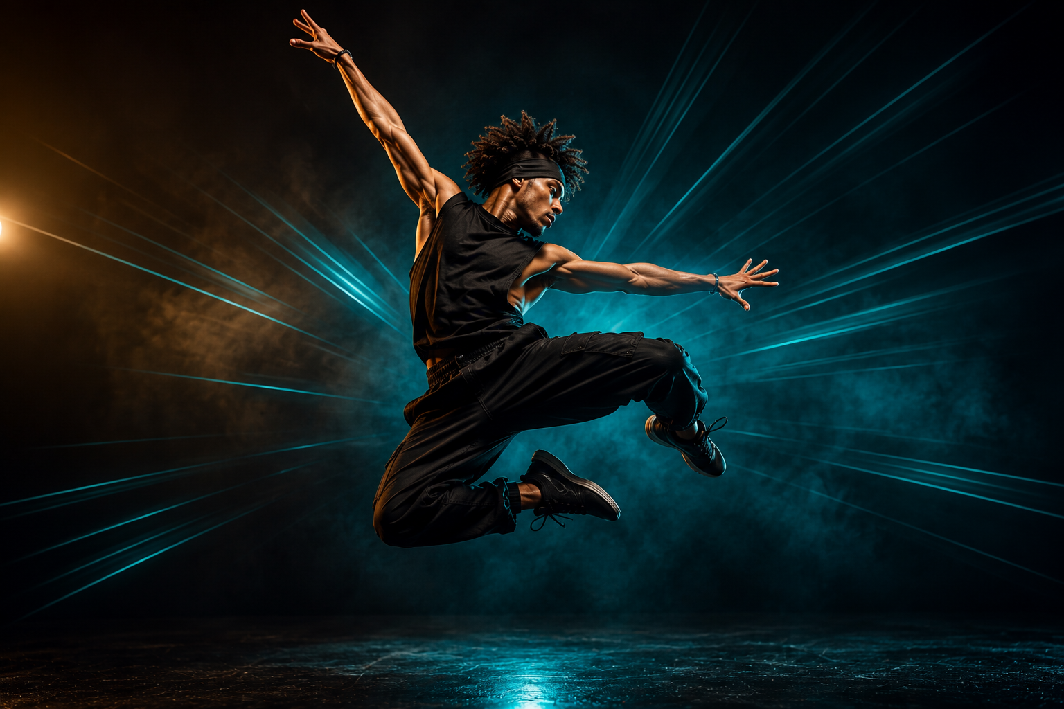 Dancer mid-leap with energy radiating outward symbolizing ongoing promotion