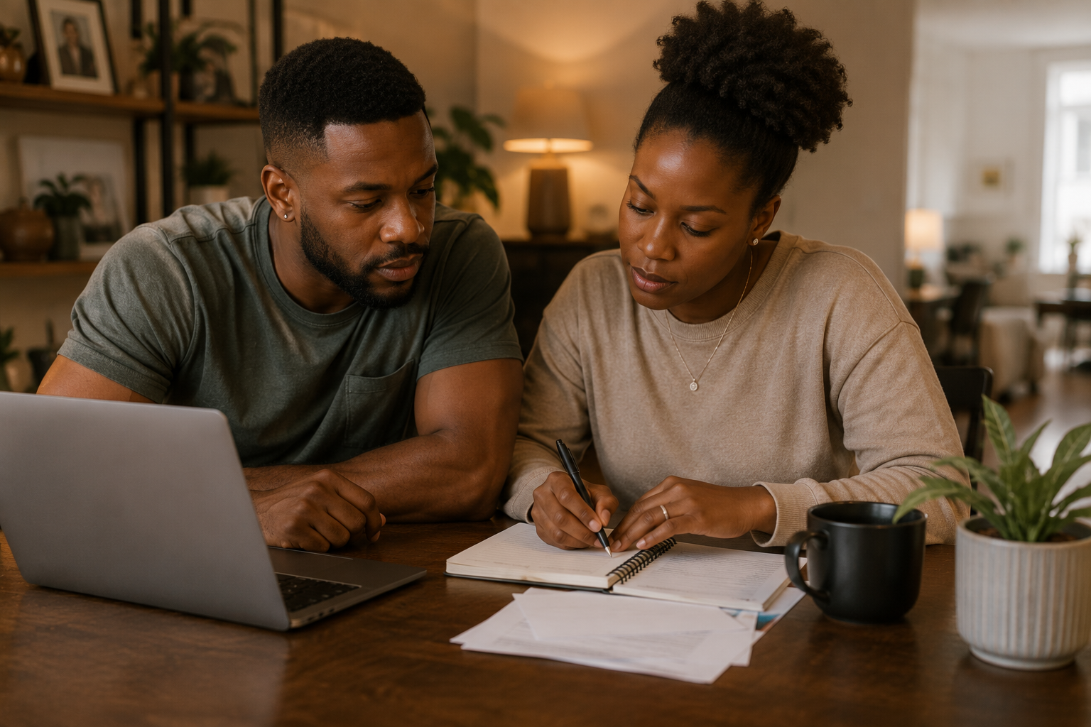 A person calmly reviewing a simple household budget at a kitchen table