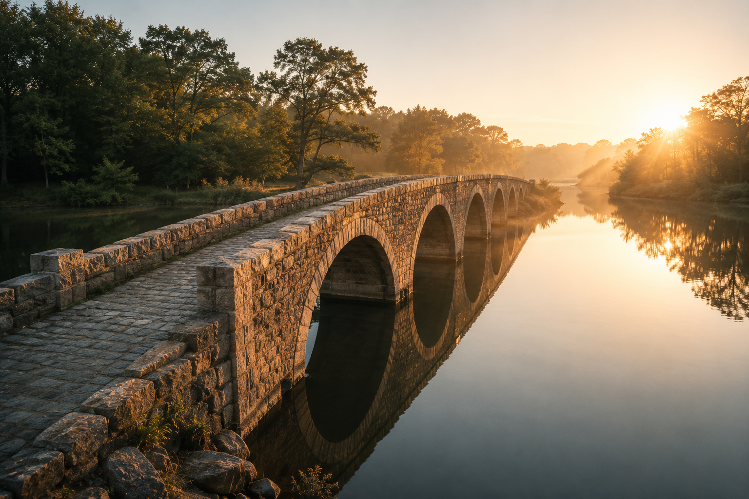 A steady stone bridge crossing calm water toward warm light