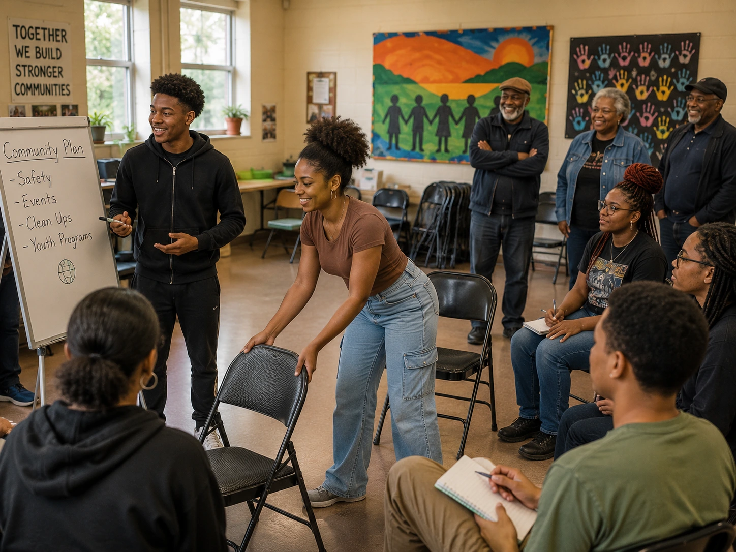Young people confidently running a community meeting the founders once ran