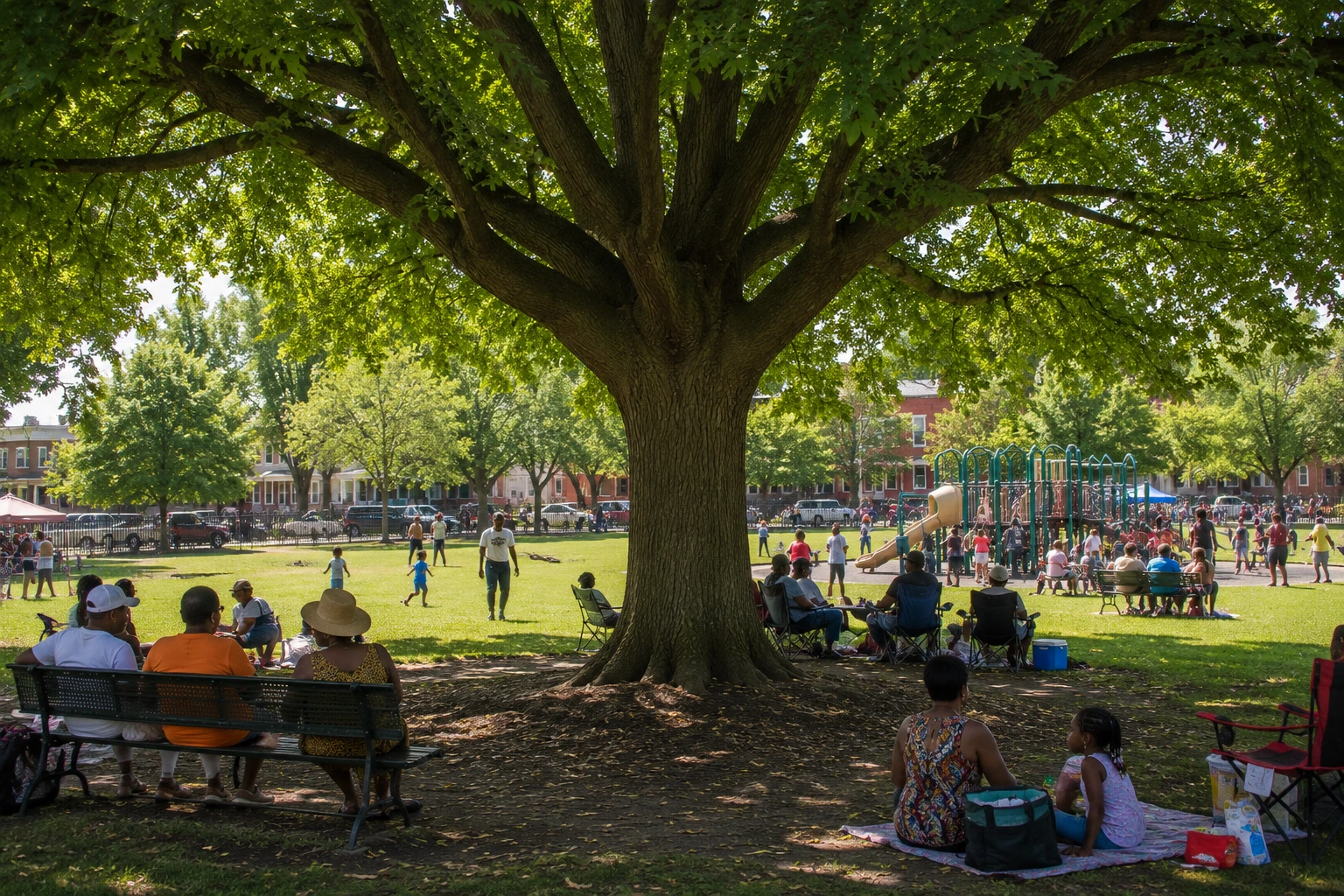 A mature shade tree in a busy park that someone clearly planted many years ago