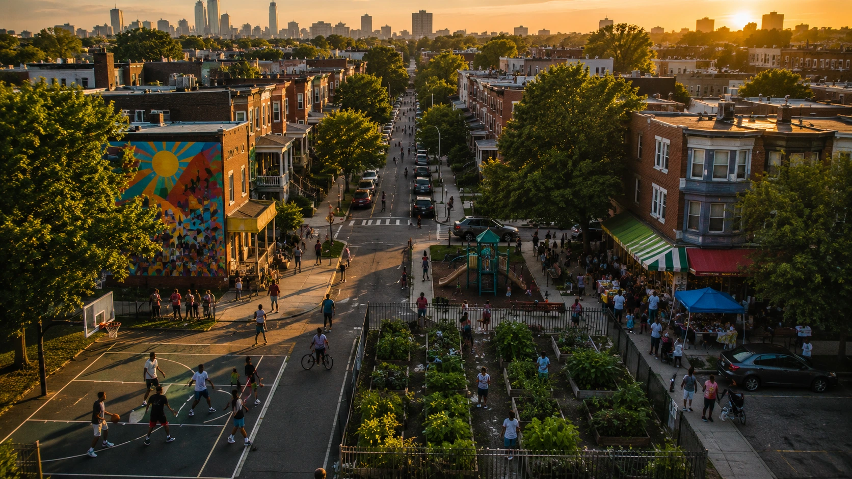 A warm elevated view of a lively, well-kept neighborhood block full of life
