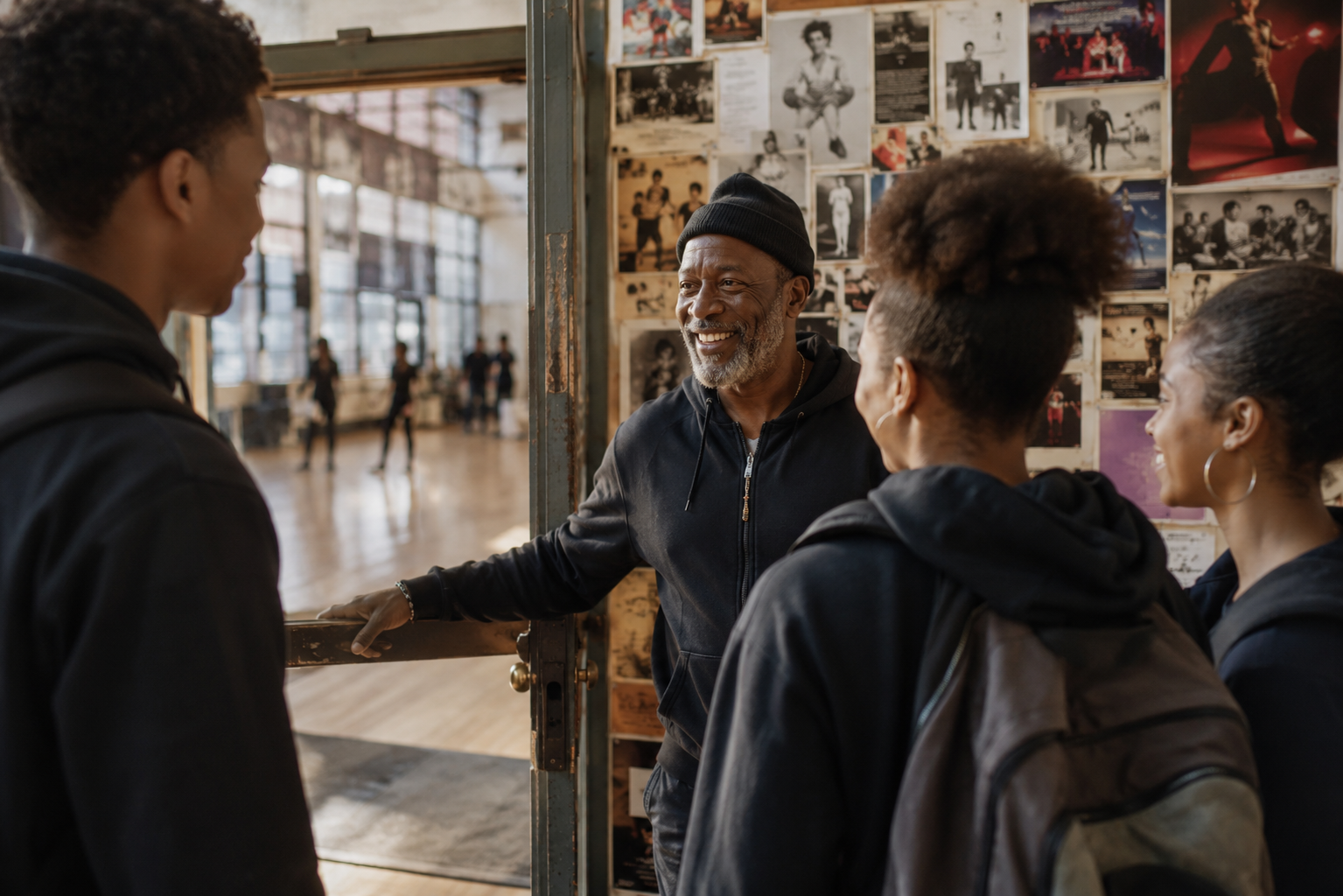 A studio owner greeting students, representing reputation and community trust as wealth
