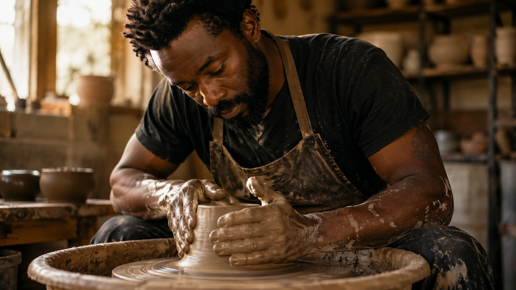 A potter fully absorbed, centering wet clay on a spinning wheel, forearms flecked with slip