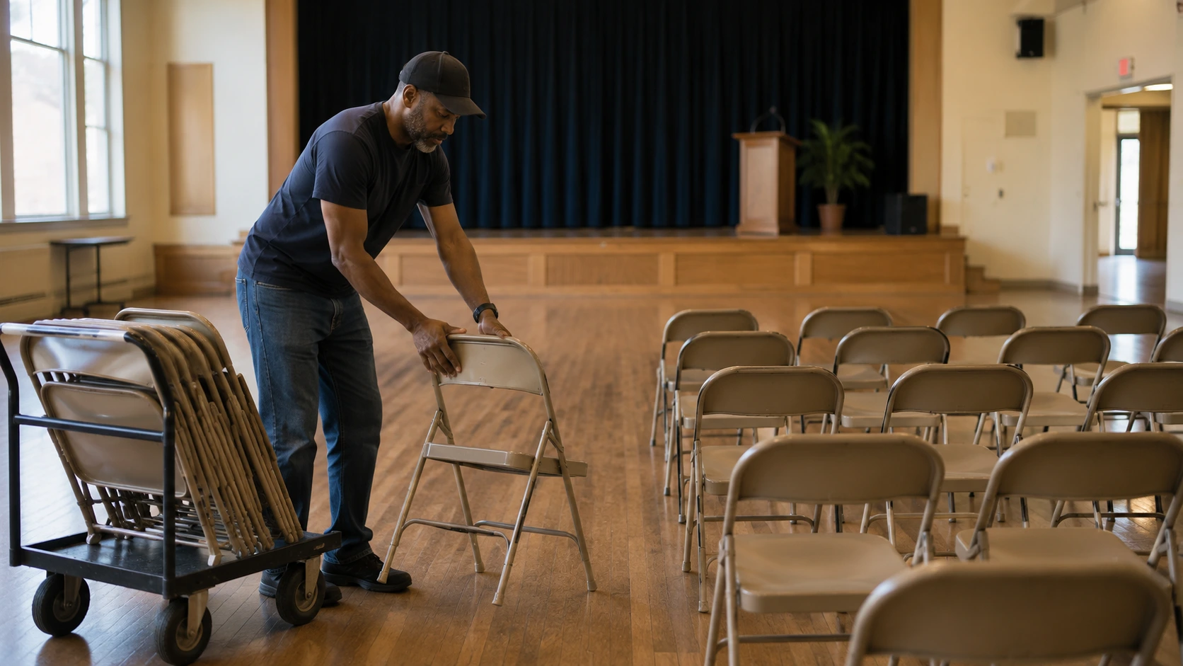 A single volunteer arriving early to set up folding chairs in an empty hall