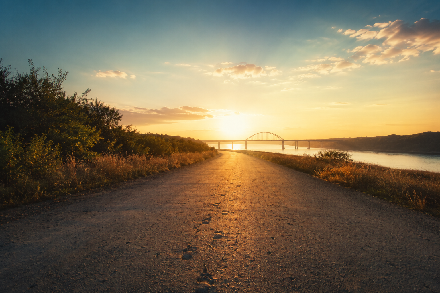 A long road moving from soft shadow in the foreground to warm light at the horizon
