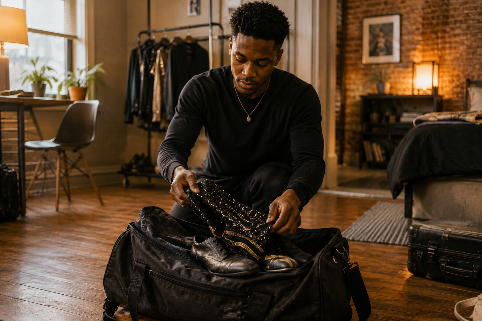 A touring performer packing a bag beside a modest, well-kept apartment