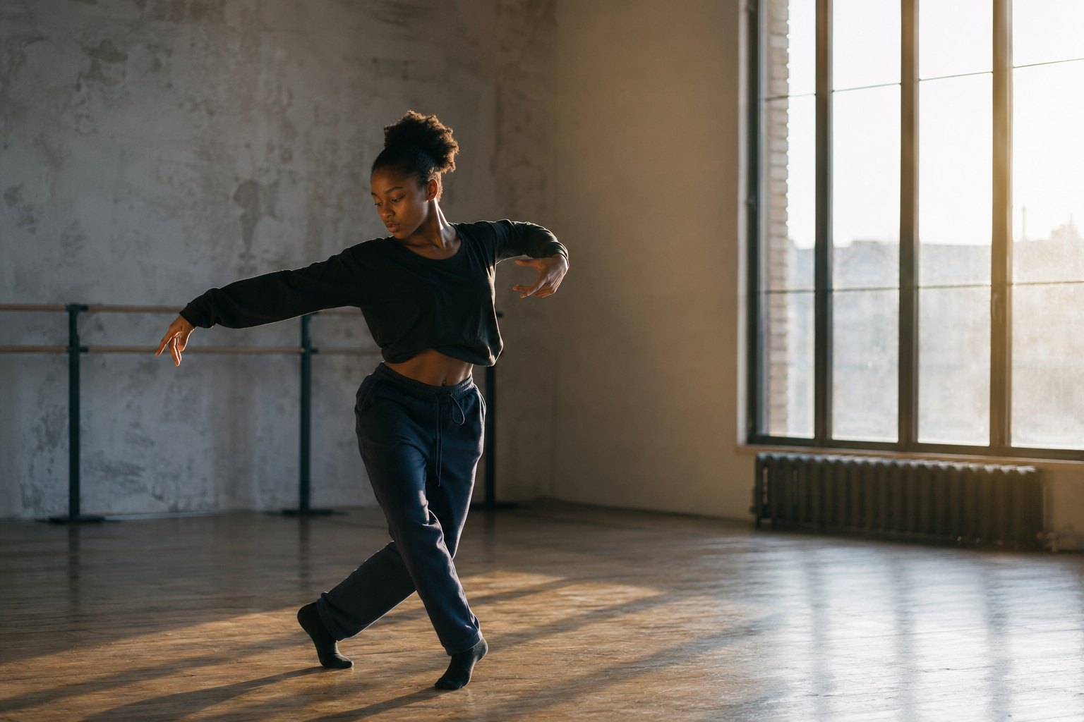 A young dancer practicing alone in an empty studio at dawn