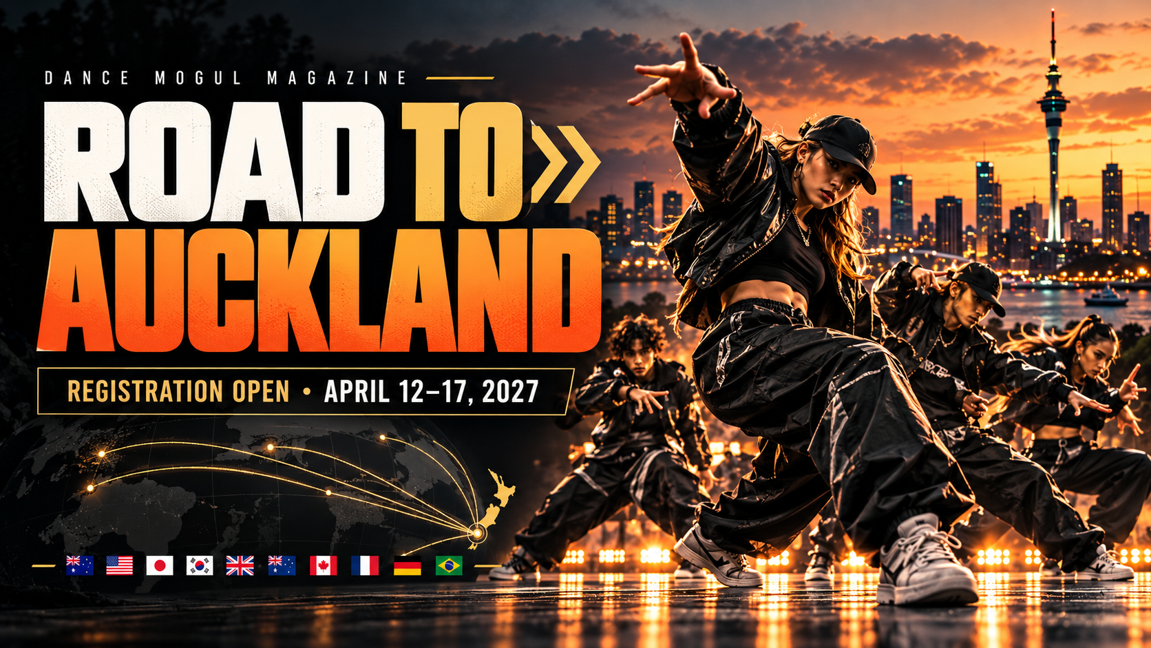 Dance Mogul Magazine graphic titled Road to Auckland, with a world map tracing routes to New Zealand and a crew dancing before the Auckland skyline
