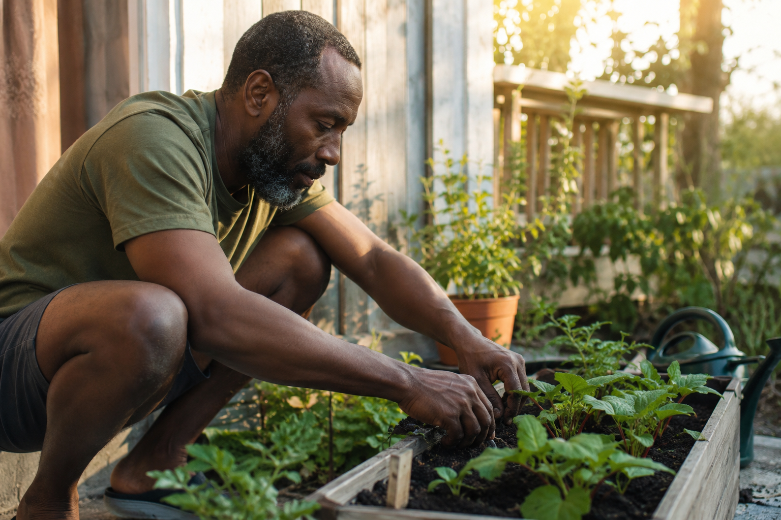 An adult tending a small garden in warm morning light, representing wealth beyond money
