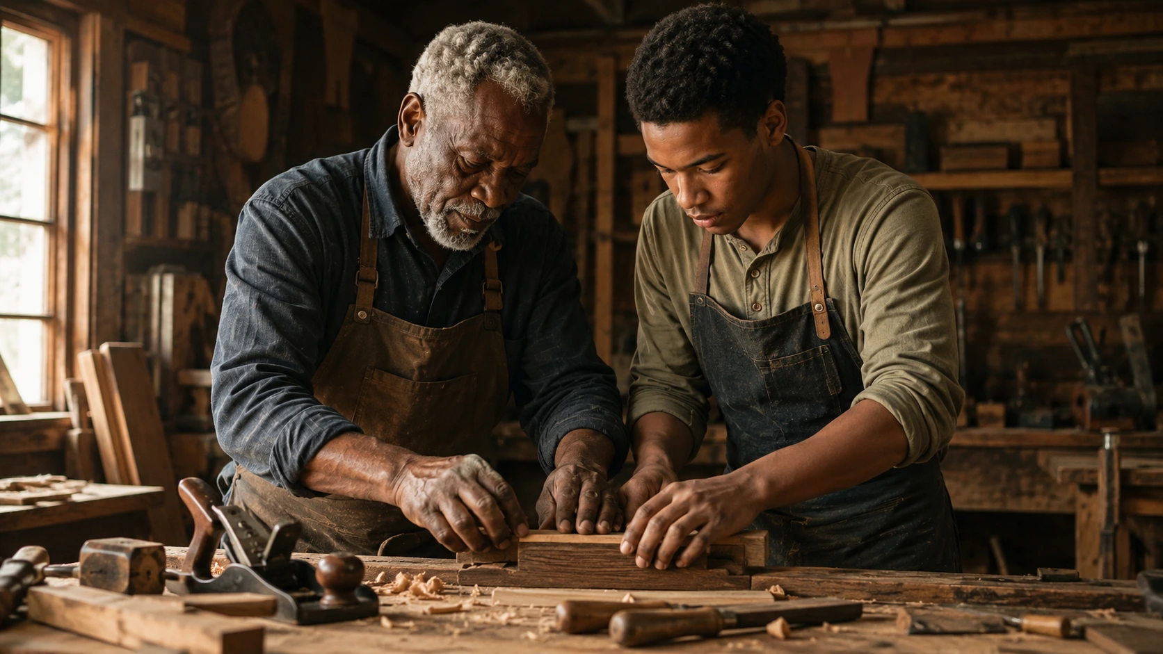 An aging craftsman and a young apprentice working the same bench, four hands on one project
