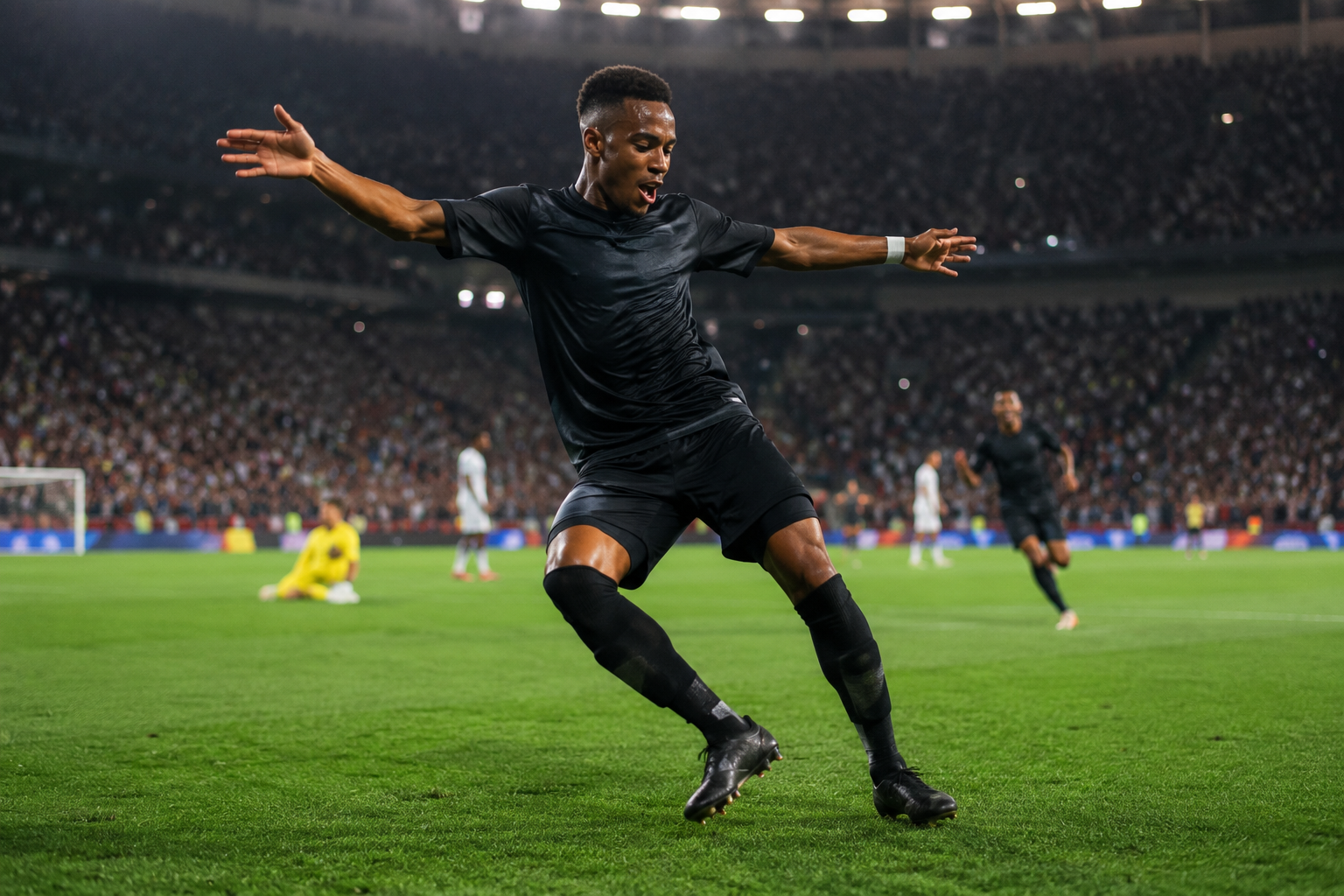 Footballer performing a goal-celebration dance during a FIFA World Cup match