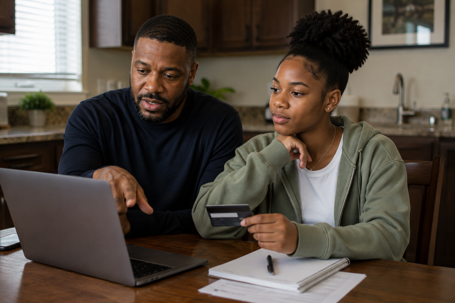 Black father and Black teenage daughter reviewing an established credit-card account together on a laptop, with the card treated as a financial relationship rather than spending money.