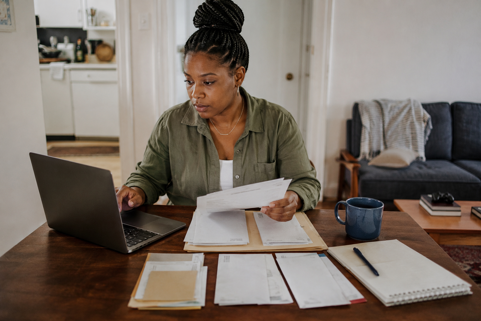A young Black professional woman at a table reviewing a laptop alongside organized bills and financial papers, representing the ongoing record that becomes a credit history.