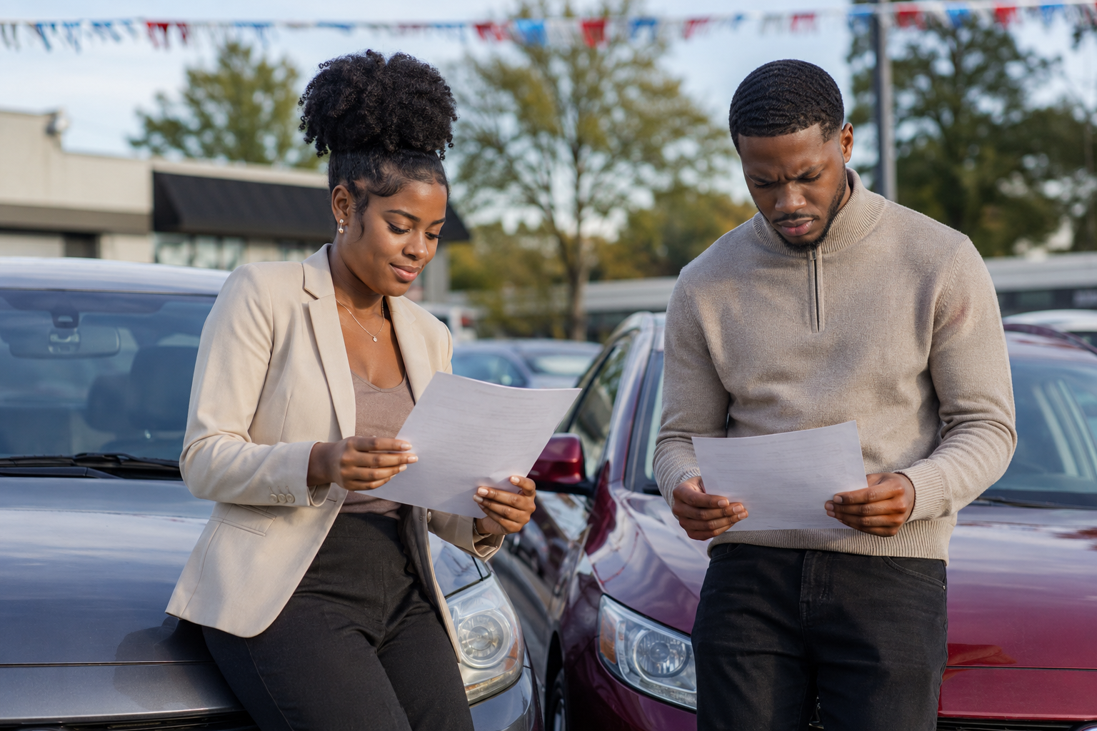 Two young Black adults at a used car lot reviewing financing paperwork for comparable modest vehicles, one reading a favorable offer and one examining a costlier offer.