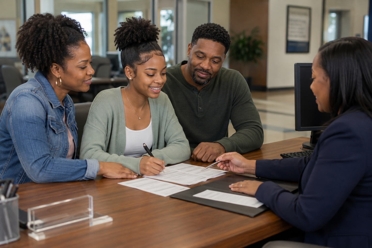 Black teenage girl with a parent or guardian speaking with a banking representative while opening a checking or savings account and actively following the process.