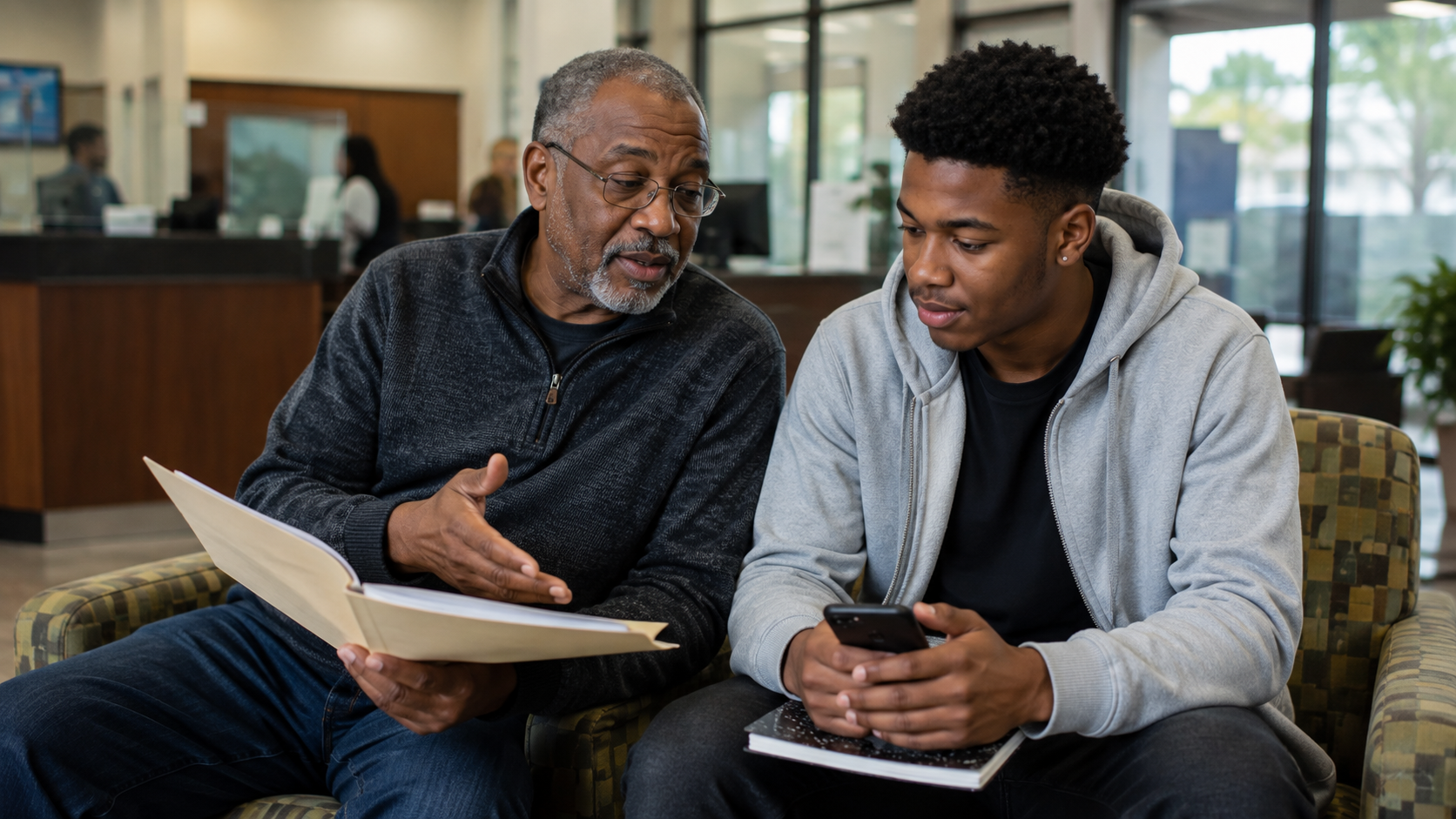 Older Black adult seated beside a Black teen or young adult in a community credit union, sharing financial guidance with a folder, notebook and phone.