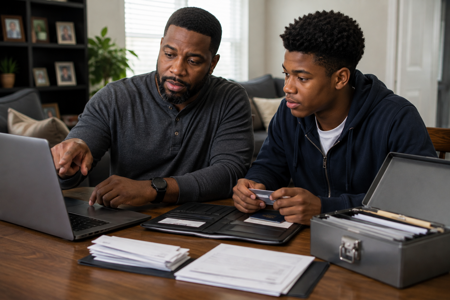 Black parent and teenage son securely organizing identity documents while using a generic online security interface to protect the teen’s financial identity.