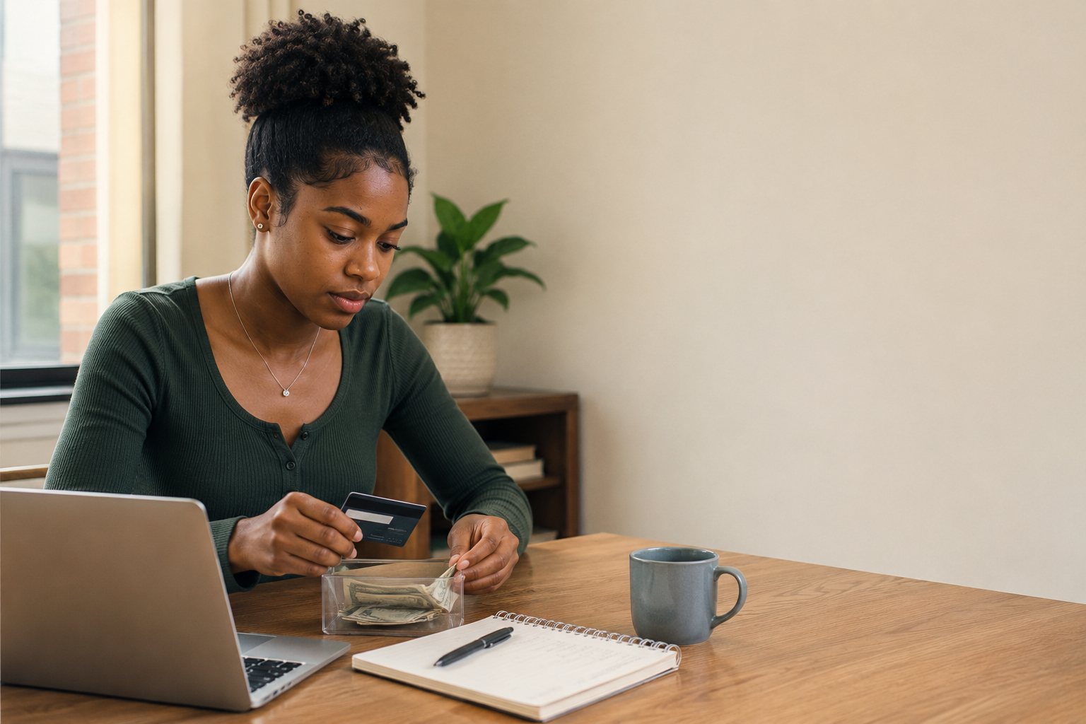 Young Black woman moving a modest amount of savings toward a secured-card deposit while reviewing the account carefully.