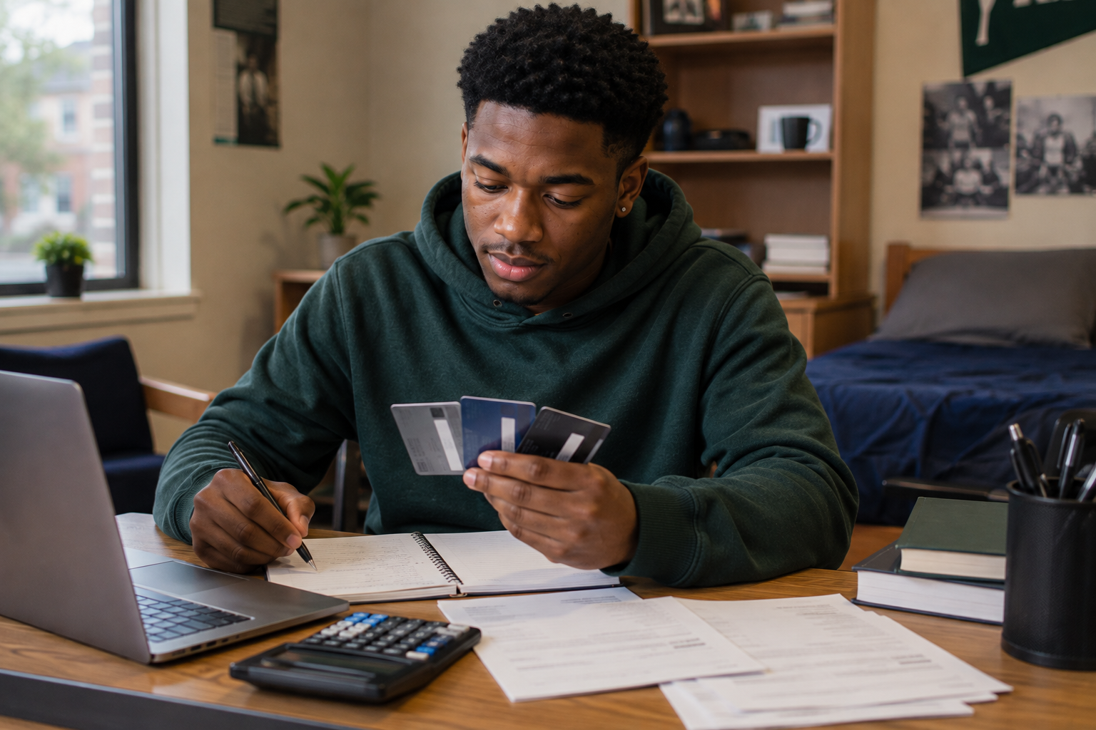 Black college-age young man comparing several credit-card offers with a notebook and calculator before deciding whether to apply.