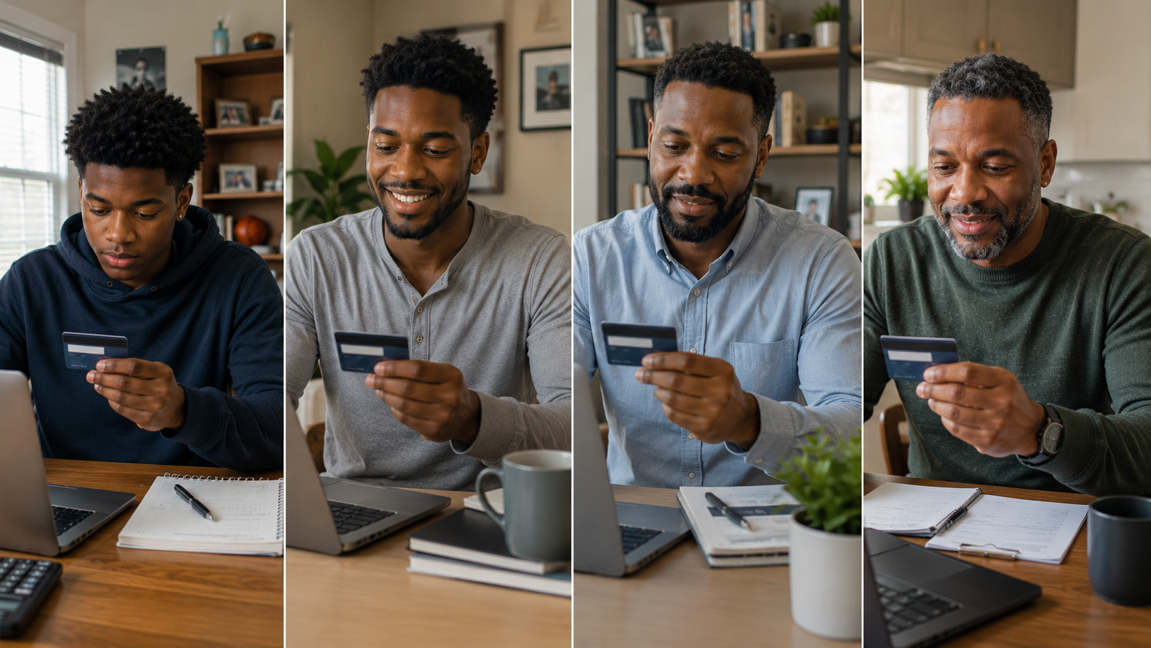 Conceptual life-stage progression of the same Black man from about age 18 into adulthood, showing the same long-lived credit-card account continuing through time.